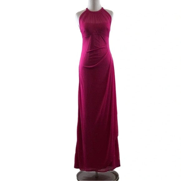 David's Bridal Pink Halter Bridesmaid‎ Long Mesh Gown Womens 4 Illusion Neck - Picture 1 of 13